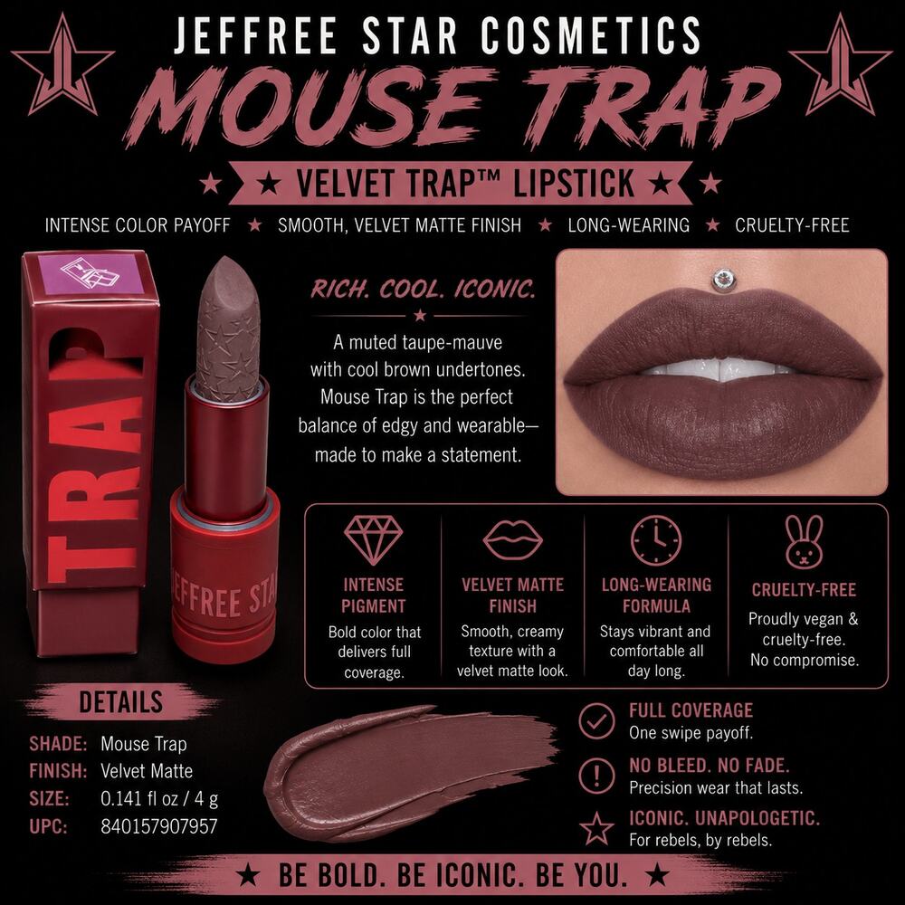 Jeffree Star Mouse Trap Velvet Trap Lipstick Gray Mauve 0.141 oz NIB